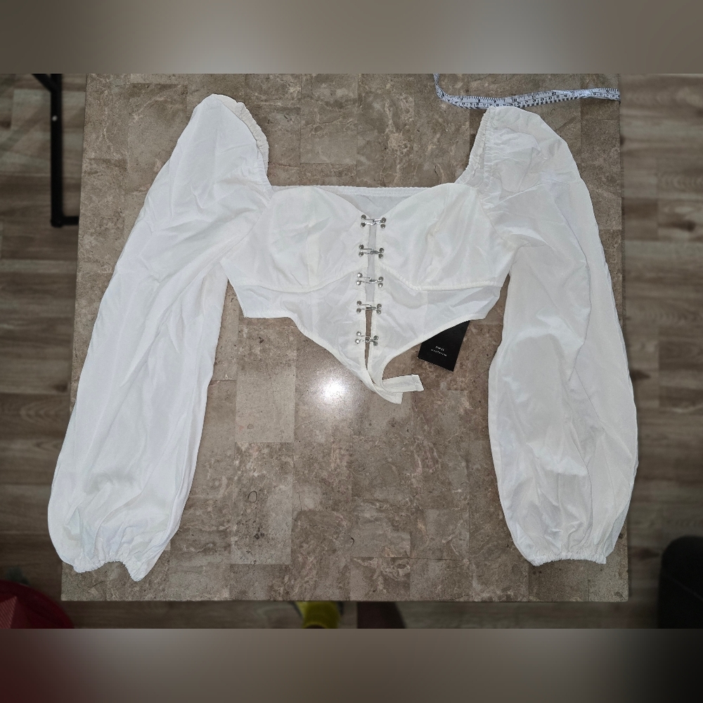 SHEIN White Puff Sleeve Blouse with Lace-Up Detail